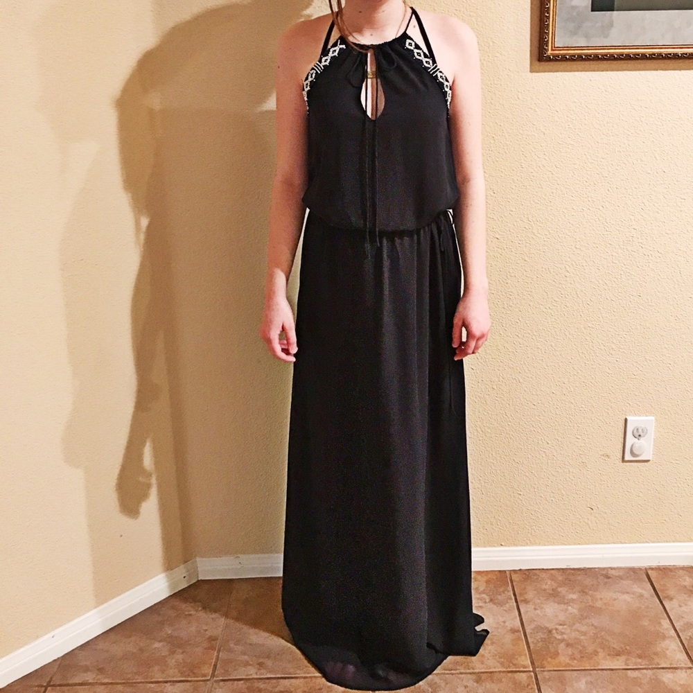 Navy Zara Trafaluc Beaded Chiffon Maxi Dress XS